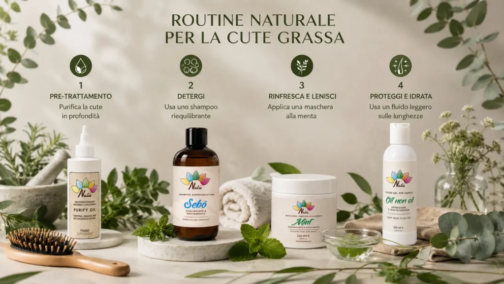 Cosa fare concretamente se i capelli si sporcano dopo un solo giorno: routine con i migliori prodotti naturali per riequilibrare la cute grassa, purificare il cuoio capelluto e mantenere i capelli puliti più a lungo.