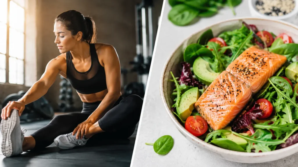 Alimentazione e crescita dei capelli: donna che fa attività fisica accanto a un piatto con insalata e salmone, simbolo di uno stile di vita sano per favorire capelli forti e una crescita naturale.