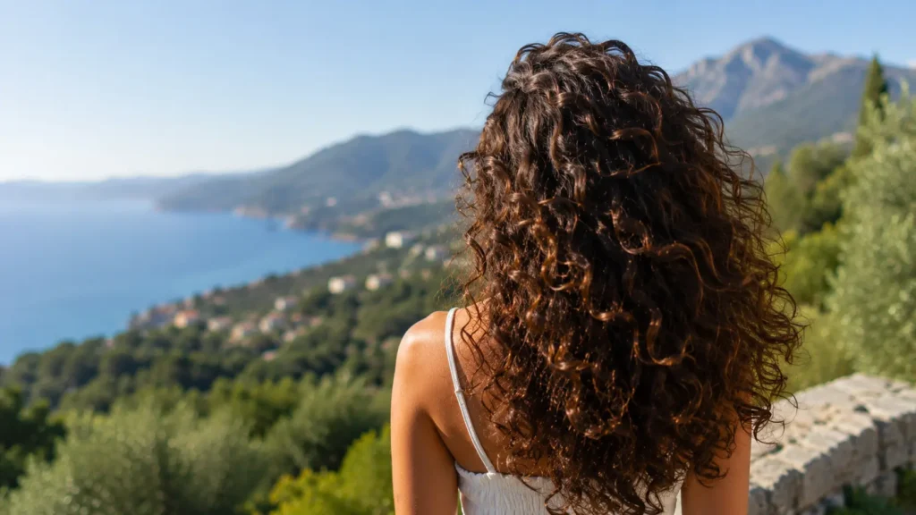 Donna con lunghi capelli ricci definiti e luminosi osserva un panorama costiero dall’alto in una giornata soleggiata. Capelli ricci naturali sani e voluminosi all’aria aperta, con vista sul mare, colline verdi e montagne sullo sfondo, in stile fotografia lifestyle e beauty naturale.