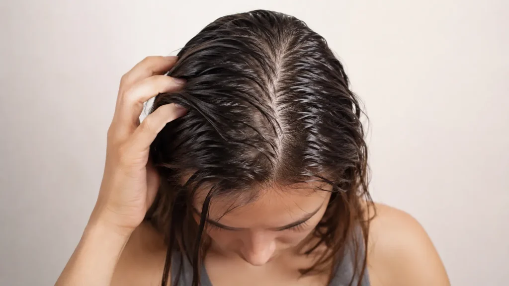 donna con capelli grassi e sporchi alla radice problema eccesso di sebo