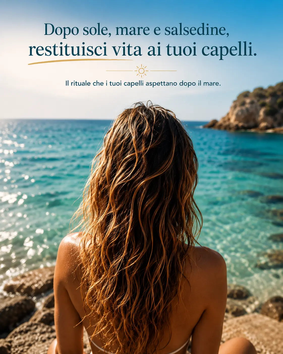 Donna al mare con capelli secchi e stressati dal sole, immagine che rappresenta la necessità di un trattamento nutriente e protettivo come il Sun Repair Kit.