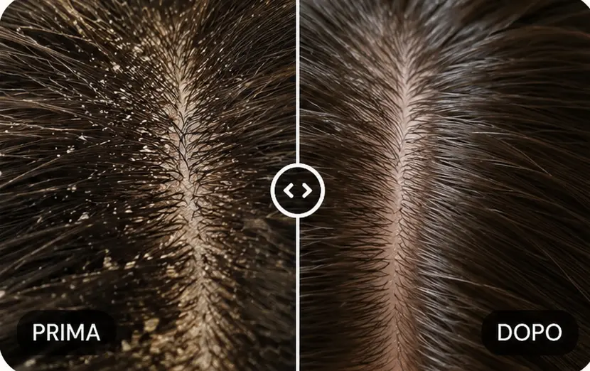 Prima e dopo dell’utilizzo di uno shampoo purificante contro la forfora, con riduzione visibile della desquamazione e cuoio capelluto più pulito e riequilibrato