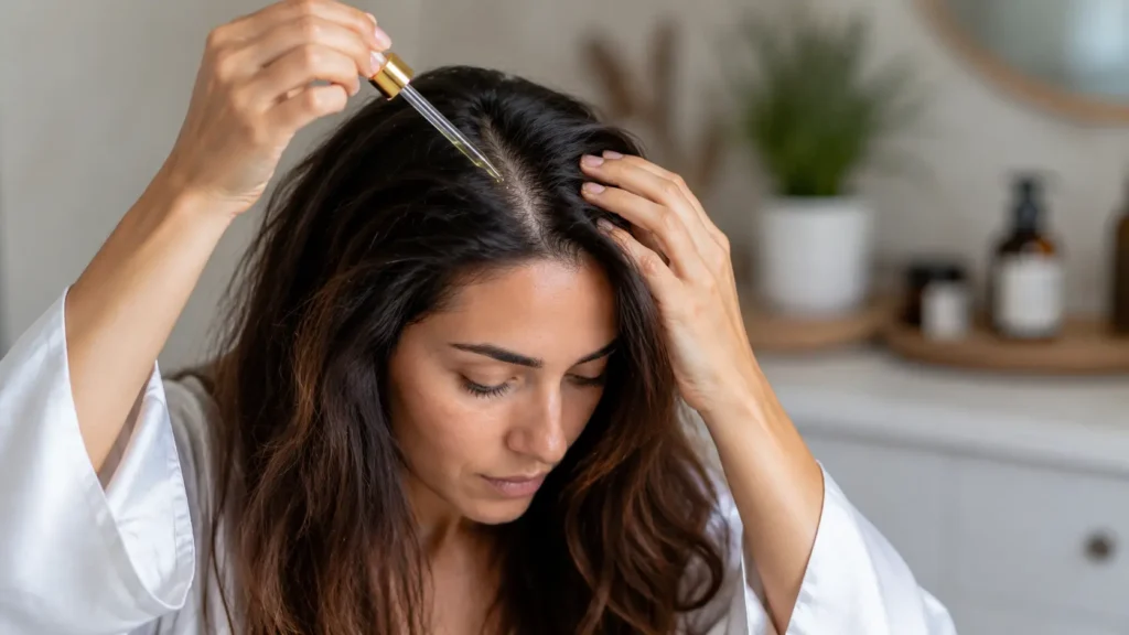 Donna applica olio al rosmarino sul cuoio capelluto come rimedio naturale contro la caduta dei capelli femminile.