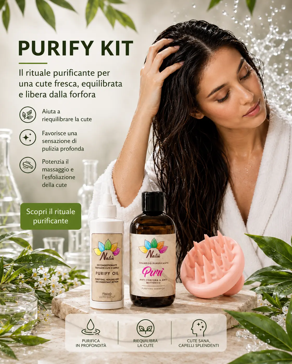 Purify Kit antiforfora per la detersione e il riequilibrio del cuoio capelluto, ideale per contrastare forfora, prurito e impurità.
