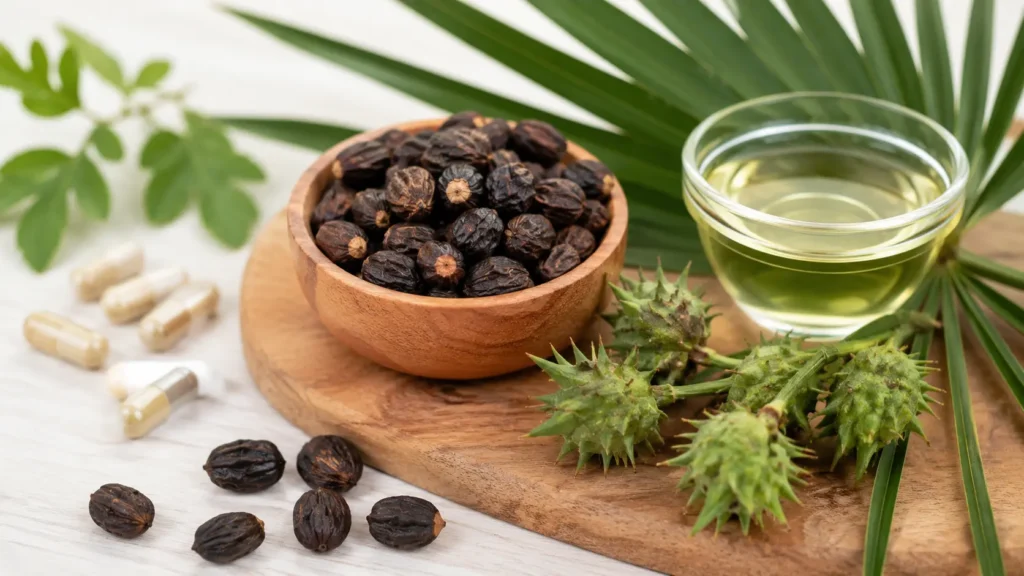 Bacche di Serenoa Repens utilizzate come rimedio naturale per supportare il benessere dei capelli e contrastare il diradamento femminile.