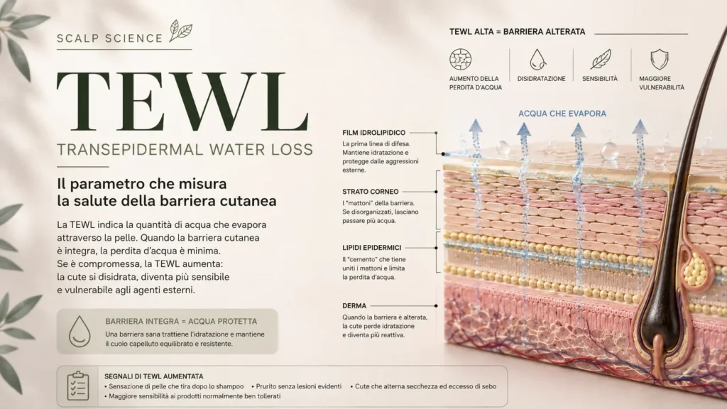 TEWL (Transepidermal Water Loss) perdita d'acqua transepidermica attraverso la barriera cutanea del cuoio capelluto, con sezione anatomica della pelle, strato corneo, film idrolipidico e frecce che mostrano l'evaporazione dell'acqua.