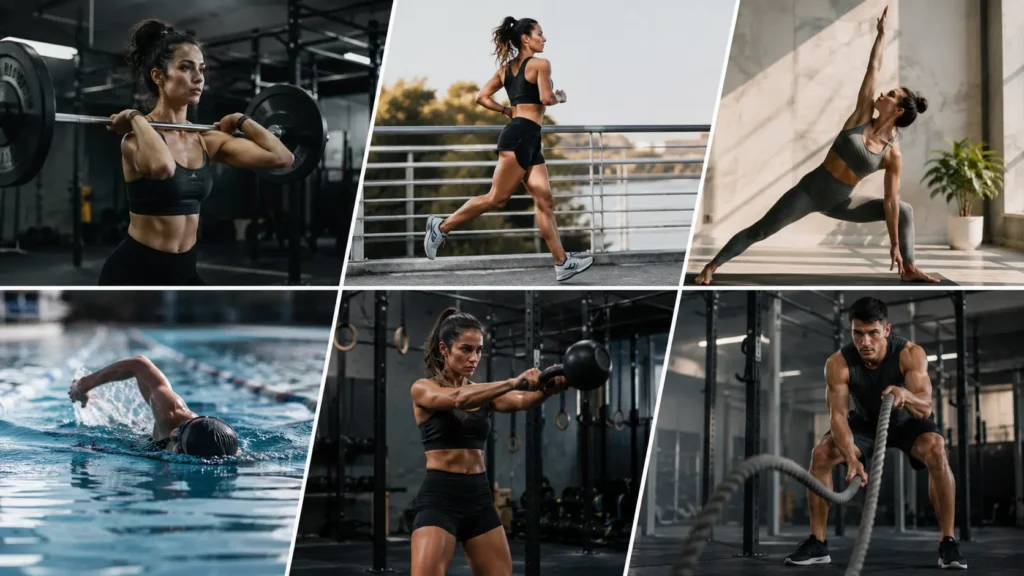 sport, tra cui palestra, corsa, yoga, nuoto e allenamento funzionale, per mostrare come ogni attività fisica comporti esigenze diverse nella gestione dei capelli, del cuoio capelluto e dei lavaggi dopo lo sport.