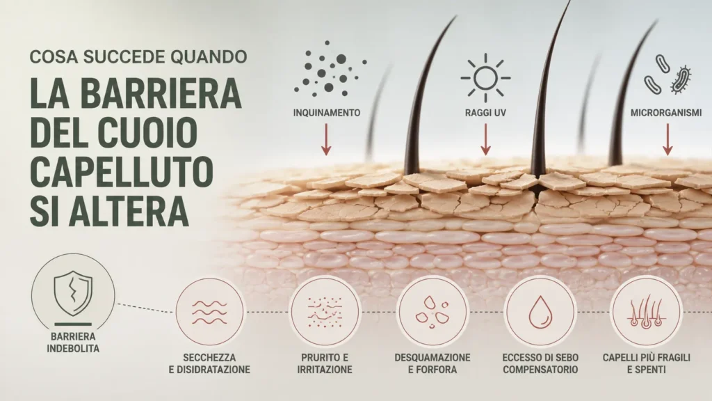 cosa succede quando la barriera del cuoio capelluto si altera: indebolimento del film idrolipidico, aumento della perdita d'acqua (TEWL), prurito, irritazione, desquamazione, eccesso di sebo compensatorio e capelli più fragili