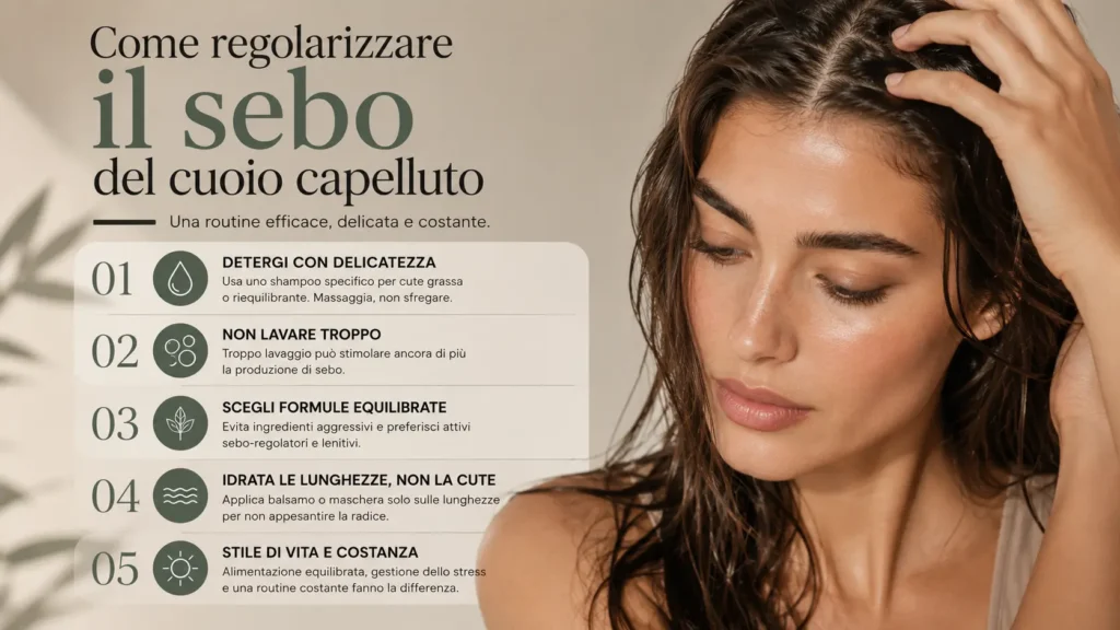 donna dai capelli scuri che massaggia il cuoio capelluto e infografica con i principali step per regolarizzare il sebo della cute: detersione delicata, lavaggi equilibrati, formule riequilibranti, cura delle lunghezze e stile di vita sano. Guida dedicata alla routine per capelli grassi e cuoio capelluto con eccesso di sebo.