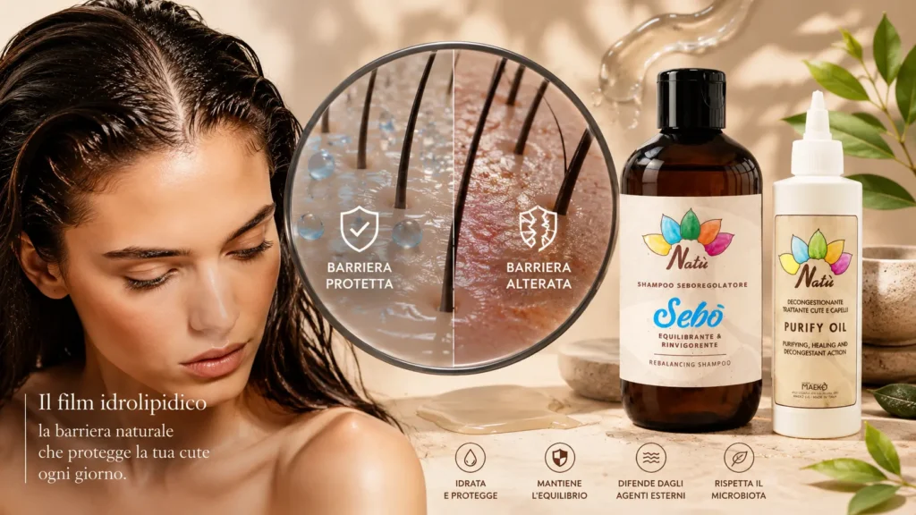 Donna con cute grassa, illustrazione del film idrolipidico con barriera cutanea protetta e alterata, accanto ai prodotti Natù Sebò Shampoo e Purify Oil. Immagine dedicata alla protezione della barriera cutanea e alla routine per riequilibrare il sebo del cuoio capelluto.
