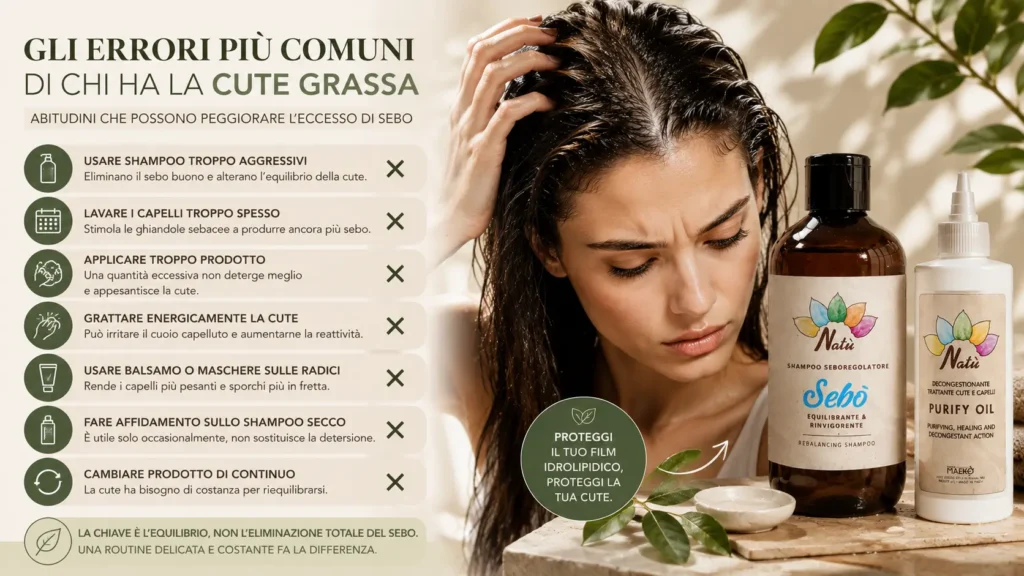 Errori da evitare con la cute grassa: shampoo troppo aggressivo, lavaggi frequenti e prodotti non adatti. Immagine con Sebò Shampoo e Purify Oil per la detersione del cuoio capelluto grasso.