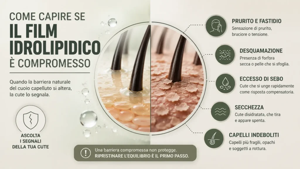 principali segnali di un film idrolipidico compromesso sul cuoio capelluto: prurito, secchezza, desquamazione, eccesso di sebo compensatorio e capelli più fragili, con confronto visivo tra barriera cutanea sana e alterata.