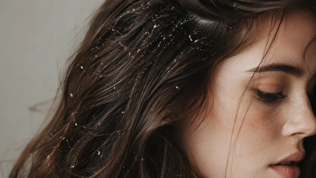 Donna con forfora visibile sul cuoio capelluto in un banner editoriale dedicato alla Malassezia, il lievito naturalmente presente sulla pelle associato alla comparsa della forfora. L'immagine introduce come uno shampoo al Tea Tree Oil possa aiutare a purificare la cute, riequilibrare il microbioma del cuoio capelluto e ridurre la desquamazione.