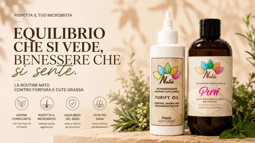 Routine completa Natù per il microbiota del cuoio capelluto con Purify Oil e Purì Shampoo: una detersione delicata che aiuta a mantenere l'equilibrio della cute e a ridurre gli accumuli di sebo e impurità.