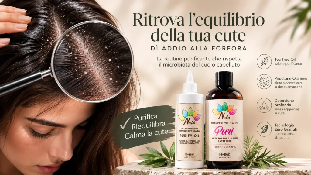 Come eliminare la forfora, ridurre la Malassezia e il prurito del cuoio capelluto: prodotti antiforfora per cute grassa, desquamazione, sebo in eccesso e microbiota in equilibrio.