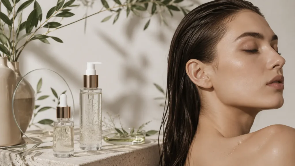Routine di scalp care con prodotti naturali per detergere, riequilibrare e prendersi cura del cuoio capelluto.