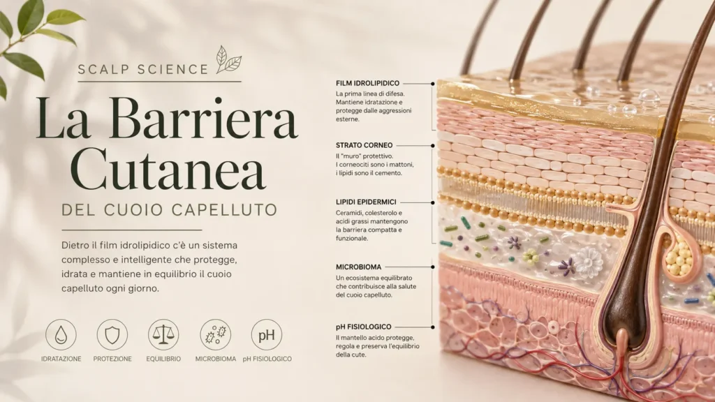 la barriera cutanea come funziona e come interferisce con i capelli ed il cuoio capelluto, strato corneo e film idrolipidico della cute in salute