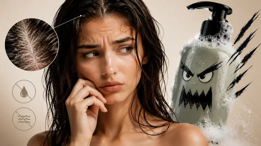 Donna con cute grassa e shampoo aggressivo. Banner dedicato a come riconoscere uno shampoo troppo sgrassante e scegliere un detergente delicato per il cuoio capelluto.