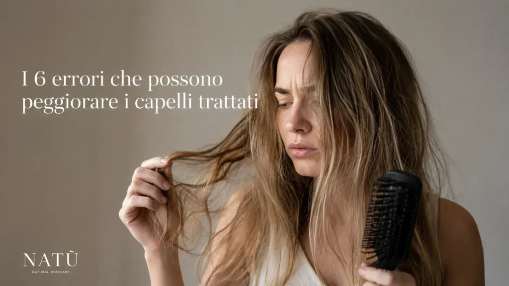 Donna con capelli trattati, secchi e danneggiati mentre osserva le lunghezze sfibrate e crespe, immagine dedicata agli errori nella cura dei capelli decolorati, colorati e sensibilizzati, routine capelli secchi, nutrimento delle lunghez