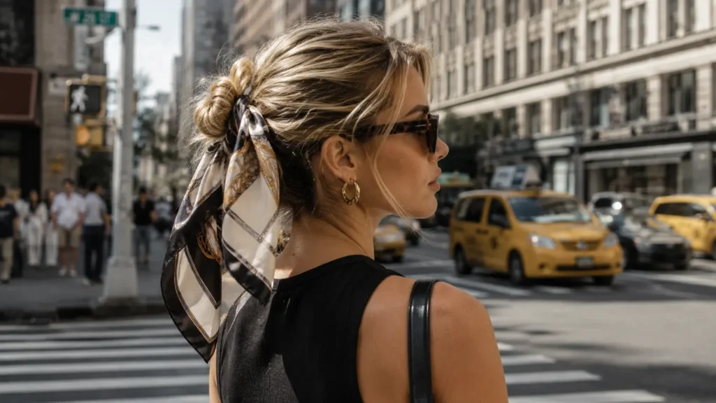 Donna con foulard tra i capelli utilizzato come fascia per coprire le radici e creare un look estivo.
