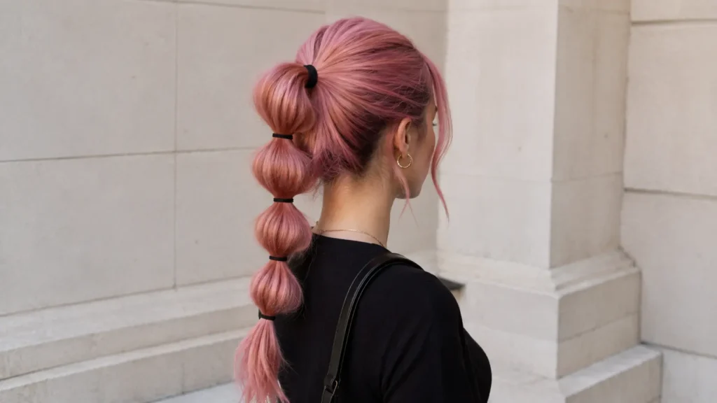 Bubble ponytail su capelli lunghi con elastici distribuiti lungo la coda per un'acconciatura moderna.
