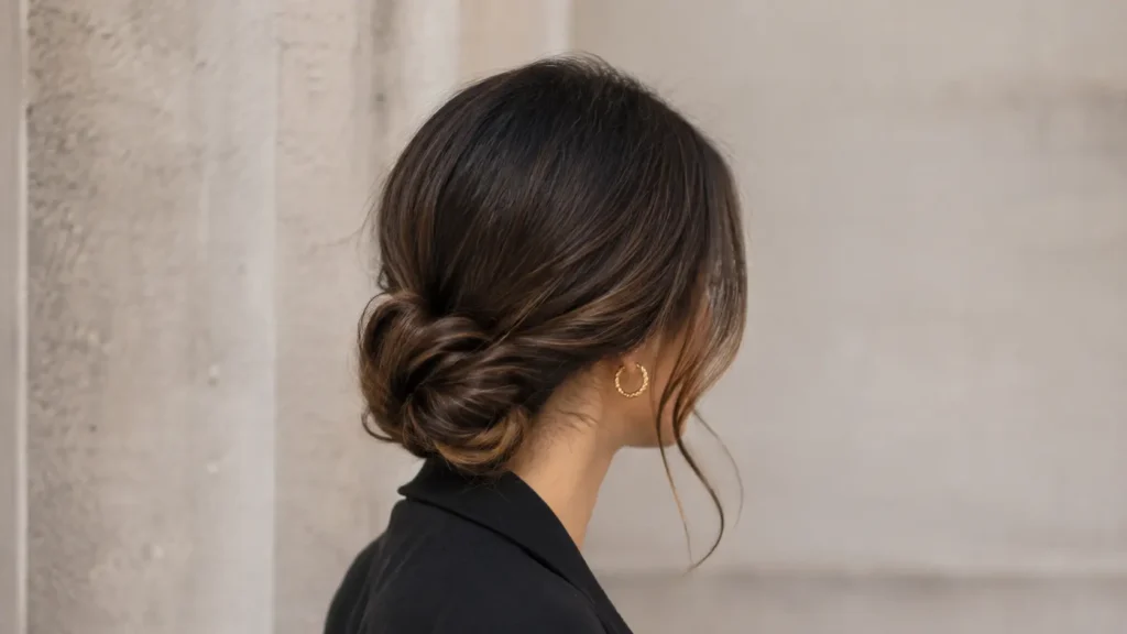 Chignon basso morbido con riga centrale ideale per capelli leggermente sporchi e look elegante.
