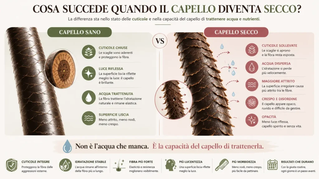 Capelli secchi e sfibrati a confronto con capelli sani, con illustrazione delle principali cause della secchezza come cuticola danneggiata, calore, trattamenti chimici e agenti atmosferici.