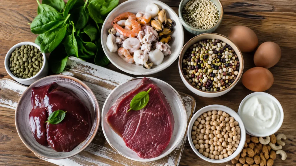 Alimenti ricchi di ferro, vitamina D, zinco e proteine per il benessere dei capelli, tra legumi, spinaci, frutta secca, semi, uova, pesce e carne, fotografia realistica dedicata a nutrizione e salute dei capelli, alimentazione equilibrata e ciclo del capello, nutrienti essenziali per il follicolo pilifero, prevenzione delle carenze nutrizionali e caduta dei capelli.
