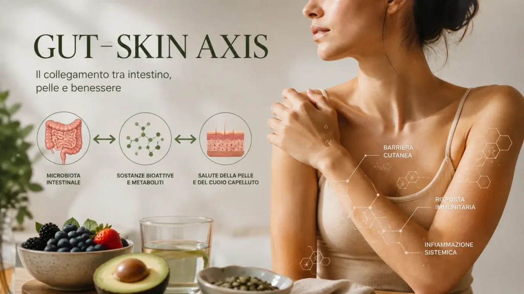 Donna con pelle sana e luminosa, capelli forti e lucenti, alimentazione ricca di frutta e verdura e rappresentazione scientifica del Gut-Skin Axis che collega microbiota intestinale, intestino, pelle, cuoio capelluto e salute dei capelli per il benessere della barriera cutanea e del microbioma.