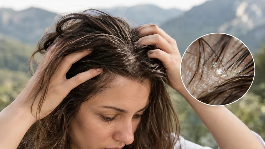 Donna con capelli grassi che osserva la cute sollevando le radici con le mani, con focus sull'eccesso di sebo sul cuoio capelluto e sfondo naturale sfocato. Immagine dedicata agli ingredienti cosmetici più efficaci per la cute grassa da cercare nello shampoo.