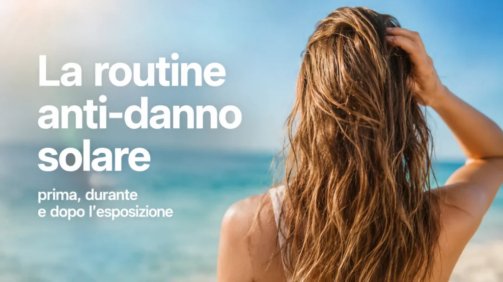 La routine anti-danno UV per i tuoi capelli: protezione dei capelli dai raggi UVA e UVB, cura della fibra capillare durante l’esposizione al sole, capelli protetti dai danni solari, prevenzione di secchezza, disidratazione, crespo e fragilità, protezione della cuticola, mantenimento di morbidezza, lucentezza e idratazione, haircare estivo, routine capelli al mare, cura dei capelli dopo il sole, protezione solare capelli, cosmetici per capelli danneggiati dal sole.