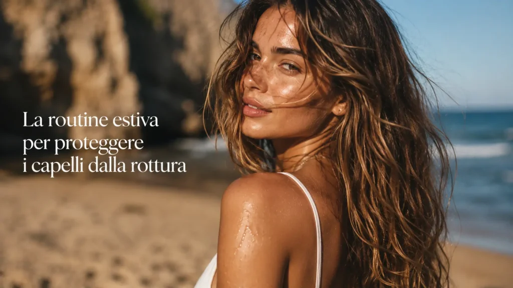 **Alt text:**
*I migliori prodotti naturali per capelli per proteggere le lunghezze in estate dalla secchezza: routine capelli estiva con shampoo delicato, maschera nutriente, oli vegetali e trattamento senza risciacquo per capelli secchi, sfibrati, fragili e danneggiati da sole, raggi UV, salsedine, acqua di mare, cloro, vento e calore. Consigli di haircare naturale per mantenere capelli morbidi, idratati, luminosi e facili da districare durante l’estate.*