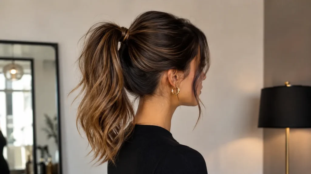Coda alta voluminosa su capelli lunghi per nascondere le radici leggermente unte e donare più volume.
