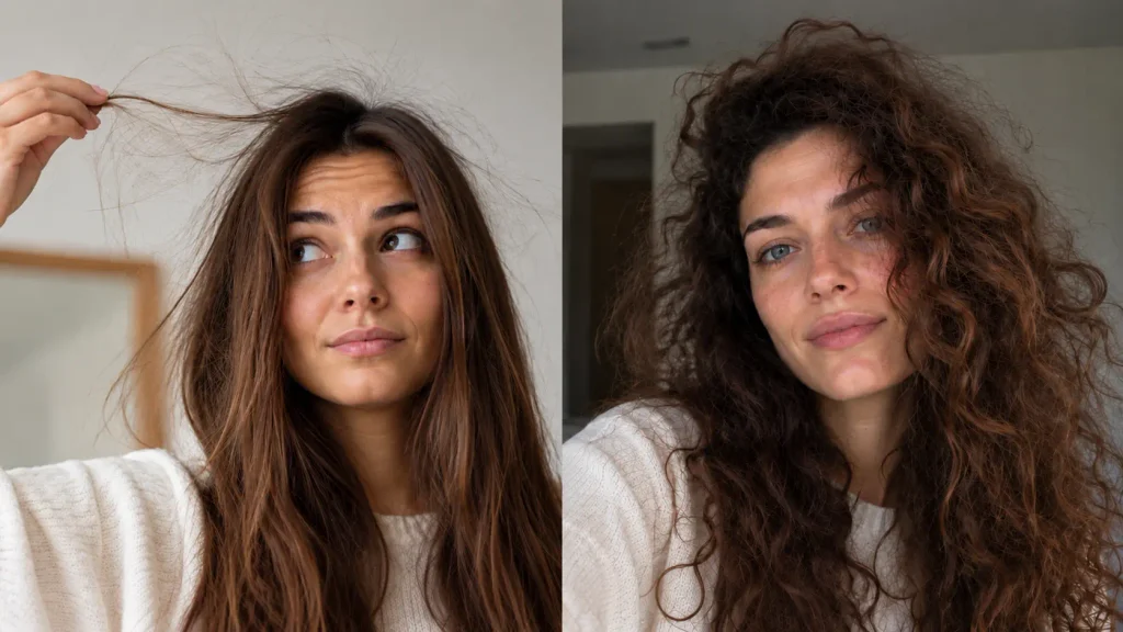 Capelli elettrici e capelli crespi: differenze tra elettricità statica, capelli statici, effetto crespo, capelli gonfi e capelli indisciplinati, con confronto tra cause, umidità, attrito e rimedi per disciplinare la chioma.