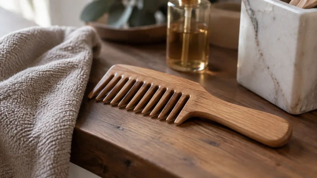 Pettine a denti larghi utilizzato per districare delicatamente i capelli, con focus sulle lunghezze e sulle punte per ridurre nodi, trazione e rischio di spezzatura.