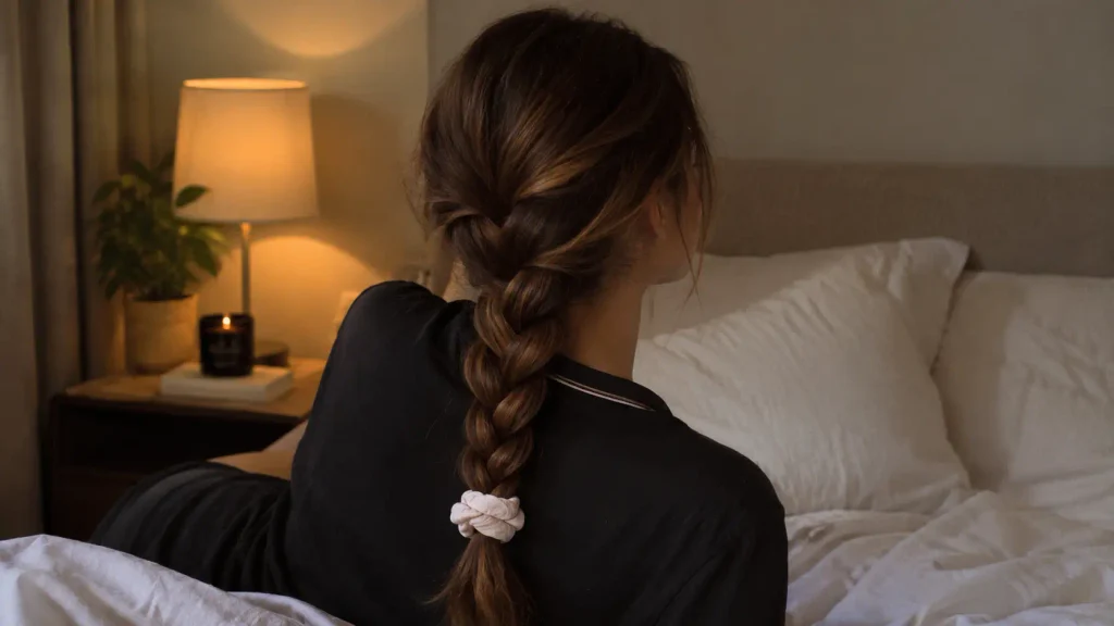 Acconciature per dormire con capelli lunghi, treccia morbida e raccolto notturno, come raccogliere i capelli prima di dormire, proteggere i capelli durante la notte, evitare nodi e crespo, cura delle lunghezze, haircare routine notturna, capelli lunghi sani, morbidi e luminosi, protezione dei capelli dal cuscino, routine capelli prima di andare a letto.
