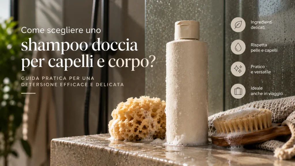 Come scegliere uno shampoo doccia per capelli e corpo: guida alla scelta dello shampoo doccia 2 in 1 per detergere capelli, cuoio capelluto e pelle del corpo, con consigli su ingredienti, delicatezza e tipo di capelli e pelle.