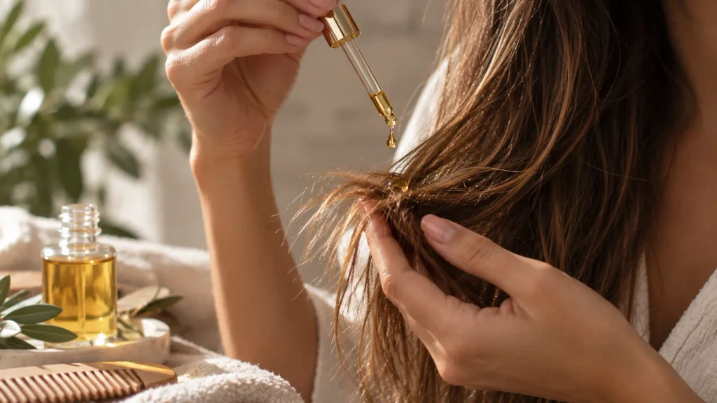 Trattamento nutriente per capelli secchi e sfibrati con gocce di olio nutriente sulle punte, olio per capelli secchi, trattamento idratante e nutriente per capelli danneggiati, capelli crespi e disidratati, cura delle punte secche e fragili, haircare naturale e trattamento botanico per capelli.