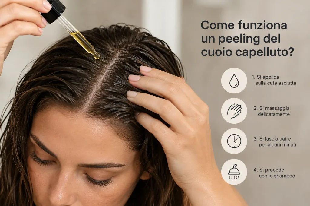 Come funziona un peeling del cuoio capelluto: applicazione del trattamento esfoliante sulla cute asciutta, massaggio delicato, tempo di posa e successivo shampoo; peeling cuoio capelluto, esfoliazione della cute, trattamento pre-shampoo, purificazione del cuoio capelluto, rimozione di sebo e residui, peeling senza granuli e routine haircare.