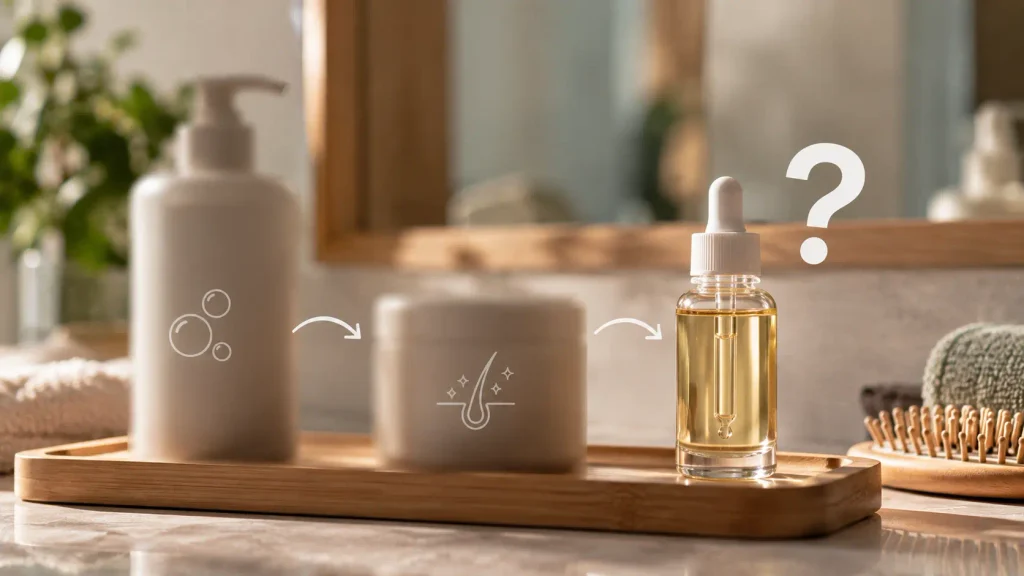 Donna che applica una lozione per capelli direttamente sul cuoio capelluto con un contagocce, capelli divisi in sezioni; come applicare una lozione per capelli, quando applicare la lozione, trattamento del cuoio capelluto, routine per la cura dei capelli, applicazione della lozione sulla cute, haircare routine.