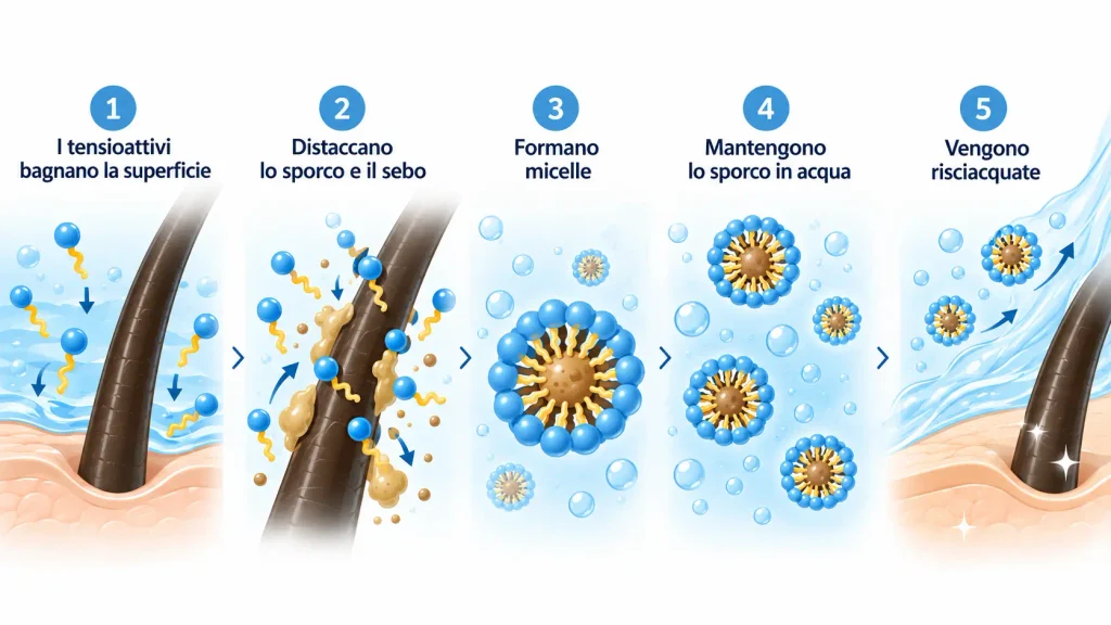 come funzionano i tensioattivi per pulire i capelli dentro allo shampoo
