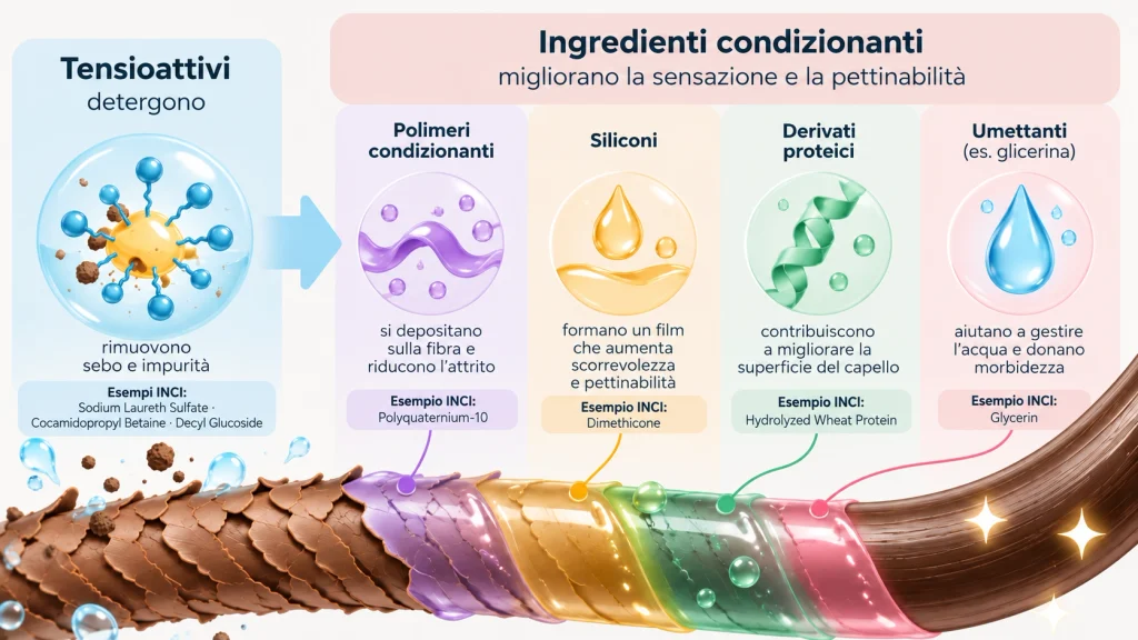 come leggere l'inci e capire quali sono gli ingredienti condizionanti e i tensioattivi in uno shampoo