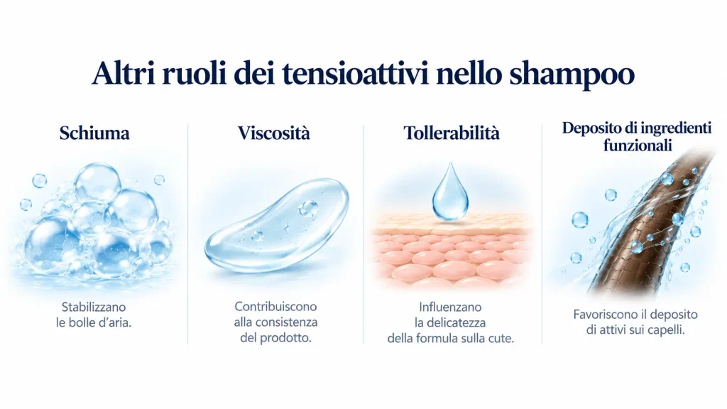 a cosa servono i tensioattivi nello shampoo per creare schiuma viscosità e districabilità dei capelli
