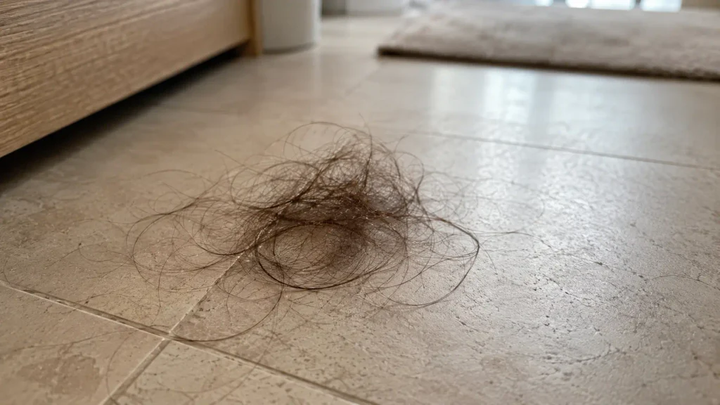 Matassa di capelli sul pavimento come esempio di caduta stagionale dei capelli e caduta anomala, confronto tra perdita di capelli normale e intensa, capelli che cadono in autunno e segnali di diradamento.