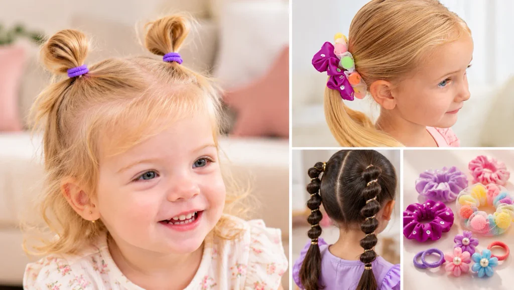 Come legare i capelli ai bambini con elastici colorati e delicati, realizzando codini, doppie codine, trecce e acconciature pratiche per bambine con capelli lunghi o fini, utilizzando elastici morbidi e accessori per capelli adatti ai più piccoli.