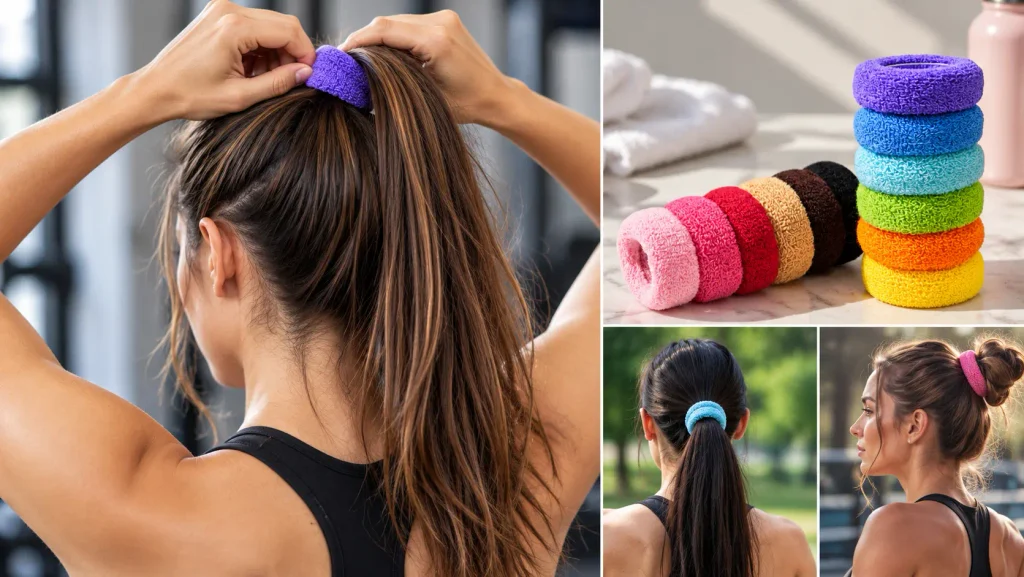 Elastici per capelli in spugna morbida e colorata, viola, blu, azzurri, rosa, rossi e gialli, utilizzati per realizzare code di cavallo e chignon durante l’attività sportiva, ideali per raccogliere i capelli con praticità e comfort