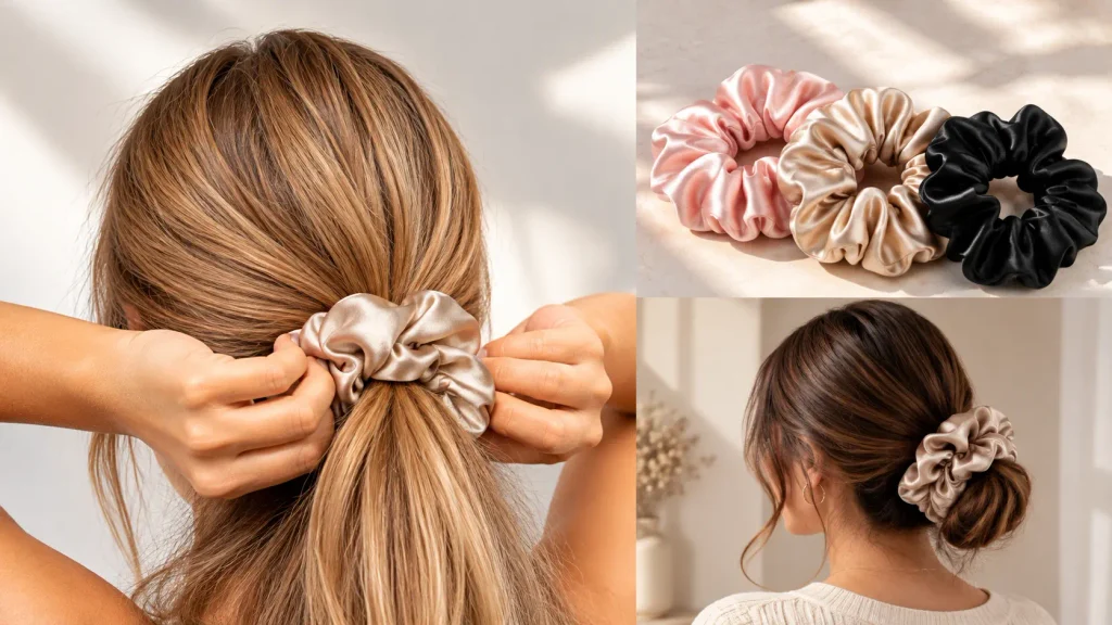 Scrunchies in raso beige, rosa e nero per raccogliere i capelli, con acconciature a coda di cavallo e chignon e dettagli sulla texture morbida degli elastici per capelli.