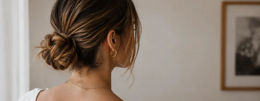 Donna con capelli raccolti in un elegante chignon basso, perfetto per i giorni in cui i capelli sono da lavare, in un ambiente luminoso e dallo stile naturale.