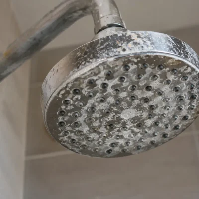 Acqua dura e capelli: soffione della doccia con residui di calcare, acqua ricca di minerali, calcio e magnesio che possono depositarsi sulla fibra capillare e influire su capelli secchi, ruvidi e opachi.