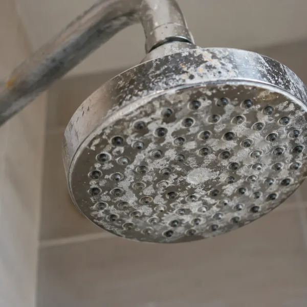 Acqua dura e capelli: soffione della doccia con residui di calcare, acqua ricca di minerali, calcio e magnesio che possono depositarsi sulla fibra capillare e influire su capelli secchi, ruvidi e opachi.